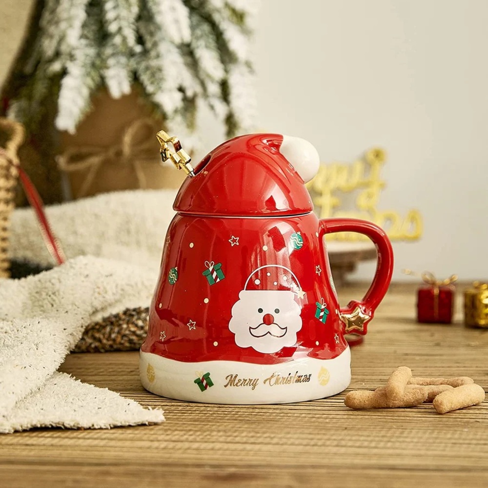 Santa's Christmas Tree Hat Mug Festive & Santas Hat Lid Ceramic 14oz Holiday Mug
